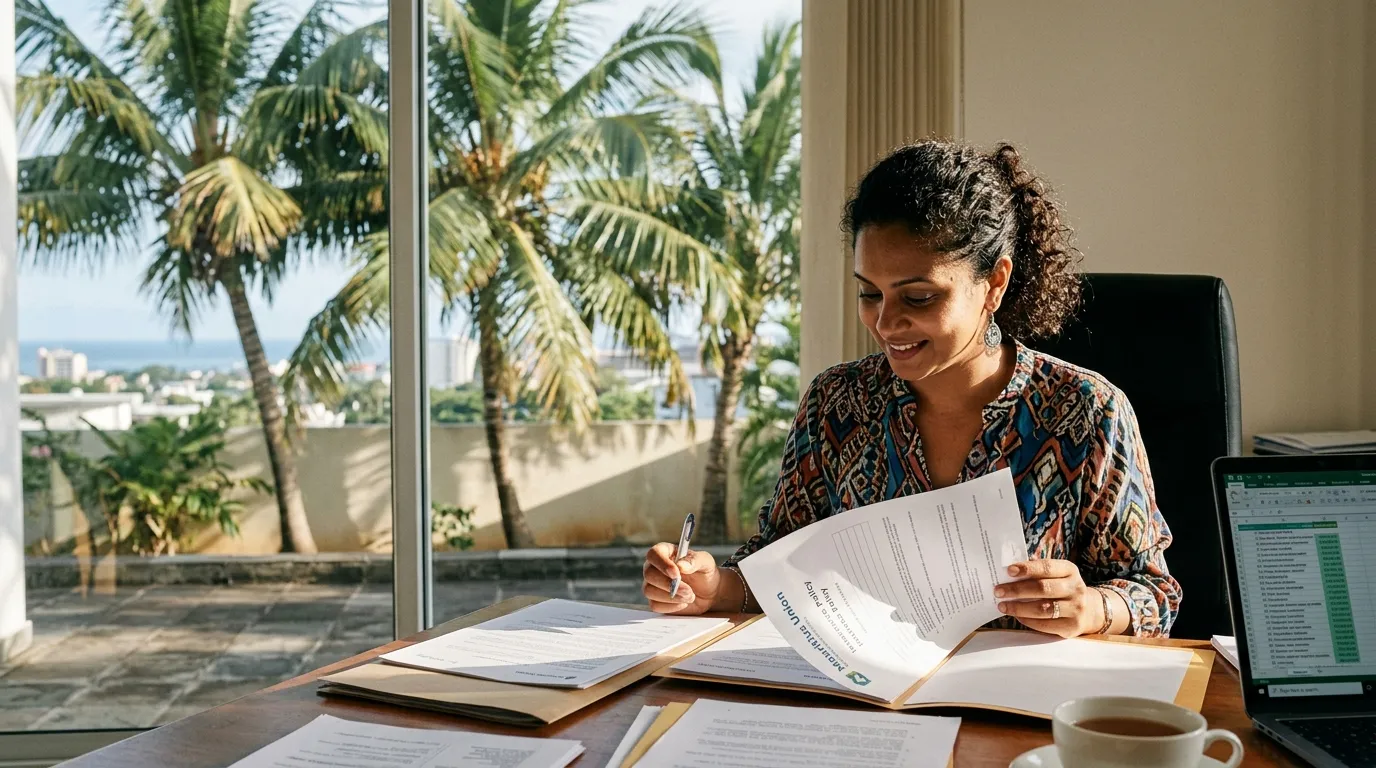 Mauritian entrepreneur examining insurance documents near an office lined with palm trees.