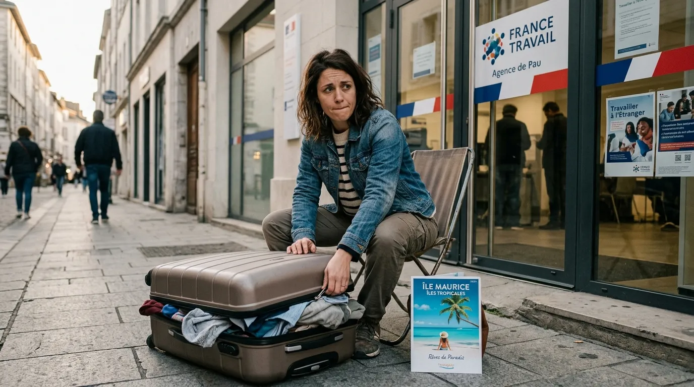 Un viaggiatore preoccupato sta preparando la valigia davanti a France Travail, con accanto un opuscolo su un'isola tropicale.