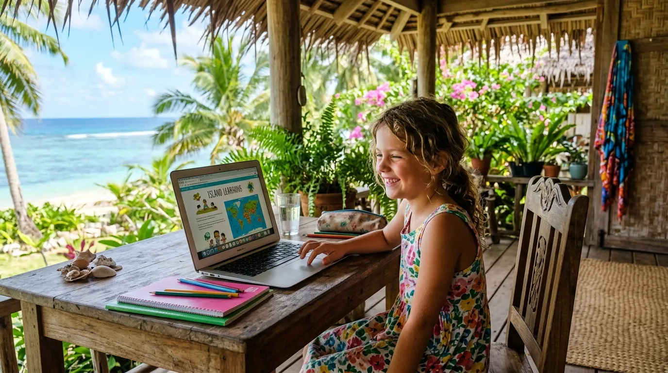 Smiling child studying on a laptop, in a bright tropical house.