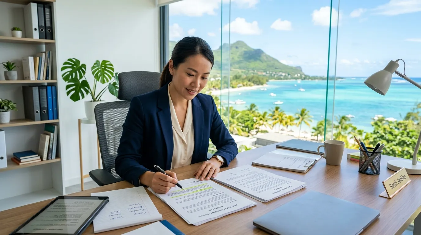 Professional comparing employment contracts in an office, tropical view of Mauritius.