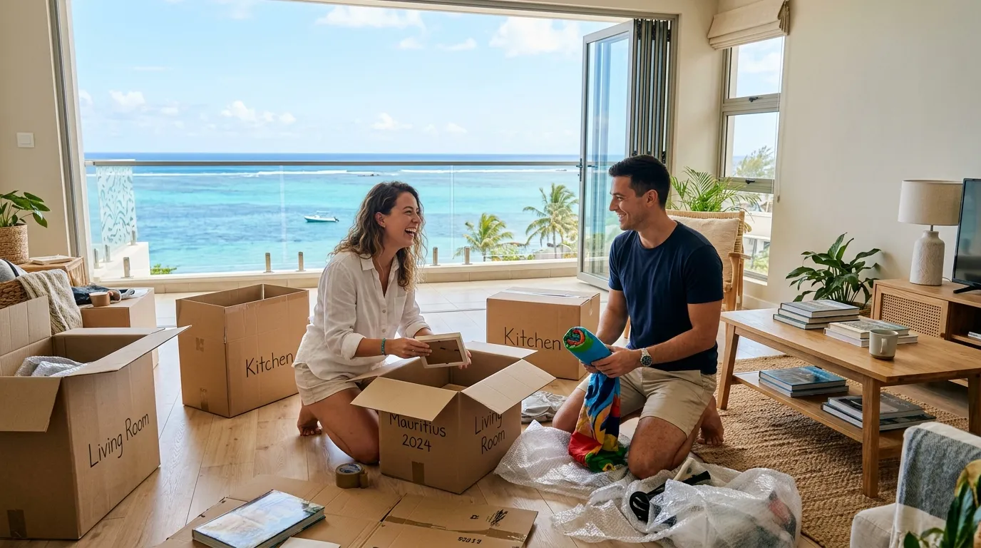 Young couple moving into a bright Mauritian apartment, unpacking boxes near the ocean.
