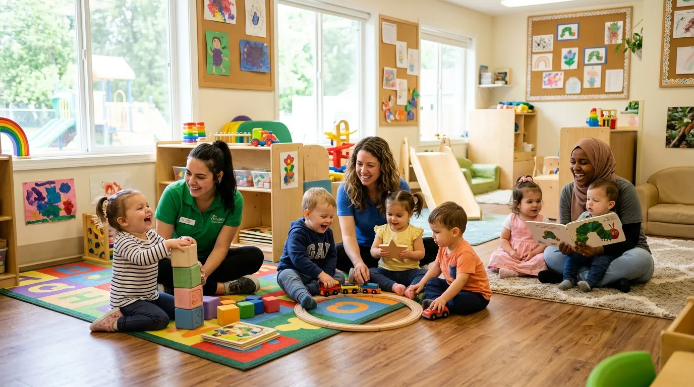 Happy toddlers playing with educators in a bright nursery.