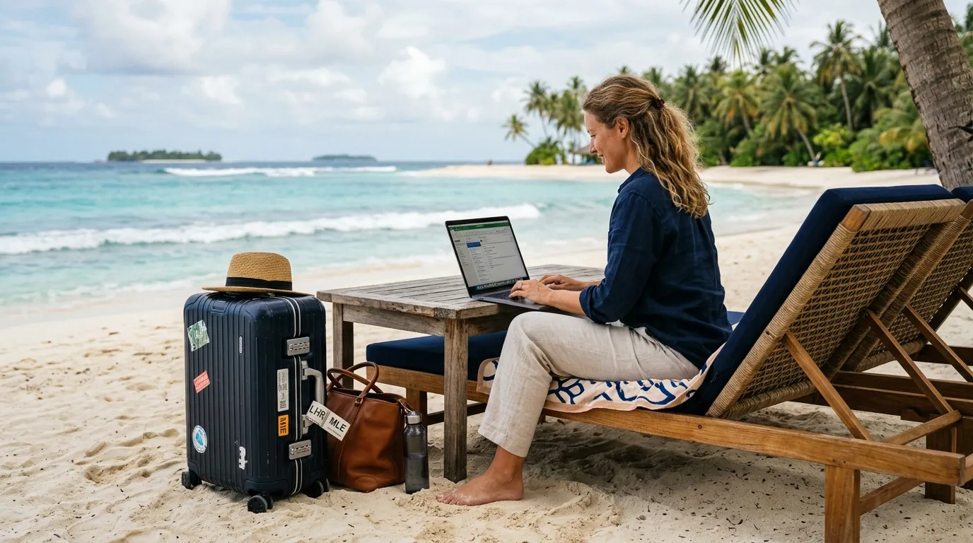 Businessman on a tropical island, laptop open next to a suitcase.