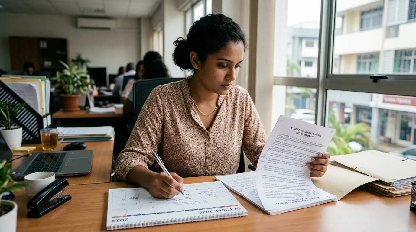 Employé mauricien au bureau consultant un calendrier et un contrat de travail