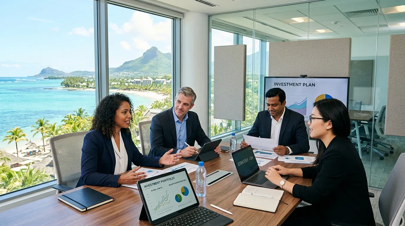 Professionals in a meeting discussing investments in a modern office, with a tropical Mauritian view.
