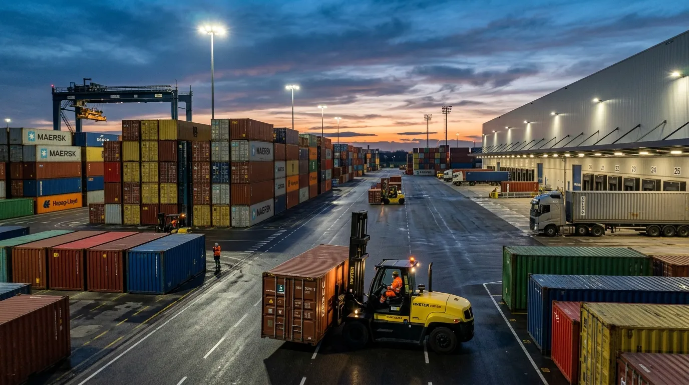 Modern logistics warehouse with stacked containers and forklift at dusk.