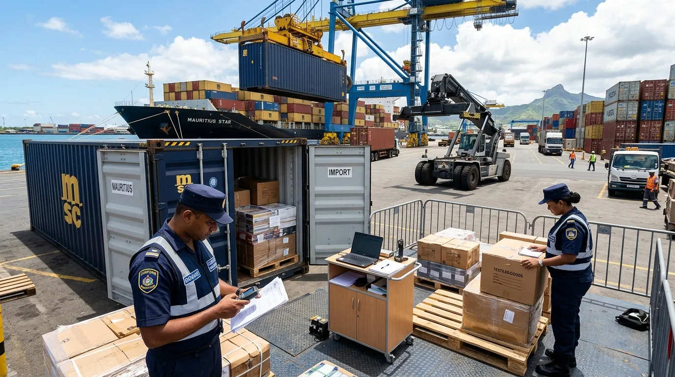 A freight container being cleared through customs in a busy Mauritian port, customs officers.