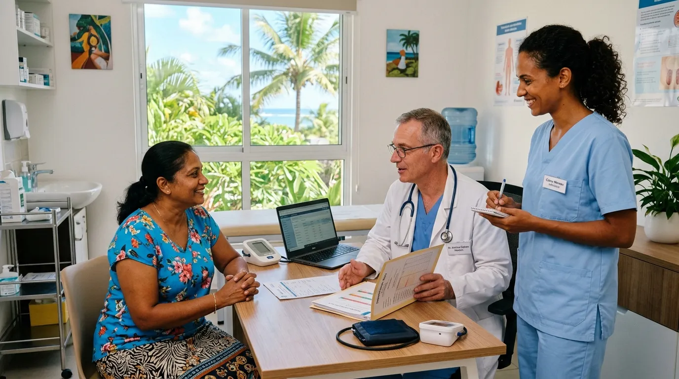 A French nurse and doctor are examining a patient in a bright Mauritian clinic.