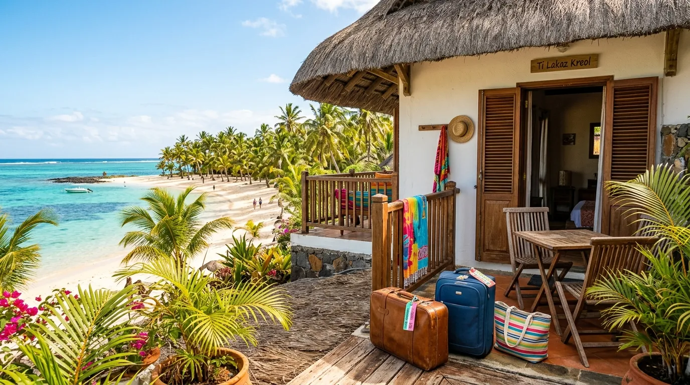 Small temporary apartment by the beach in Mauritius, suitcases, palm trees, warm light.