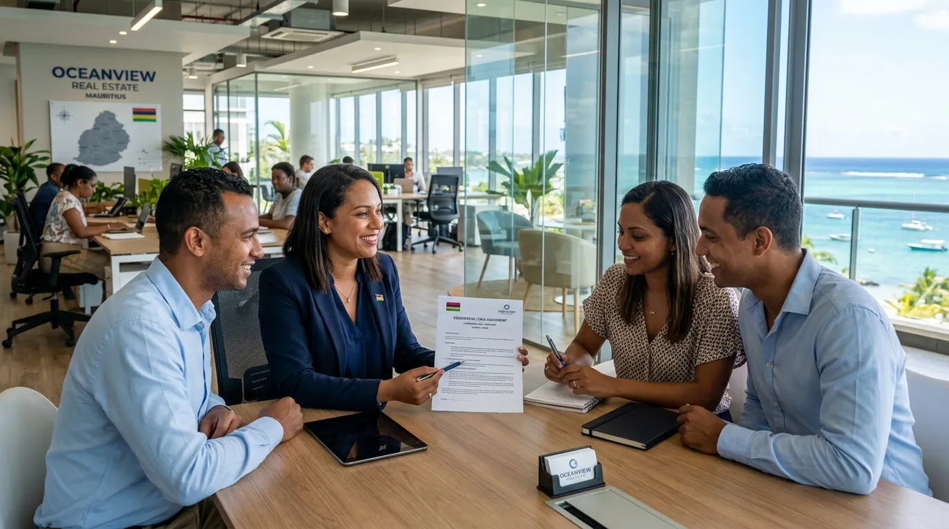 Bright commercial office in Mauritius, real estate agent showing a lease agreement.