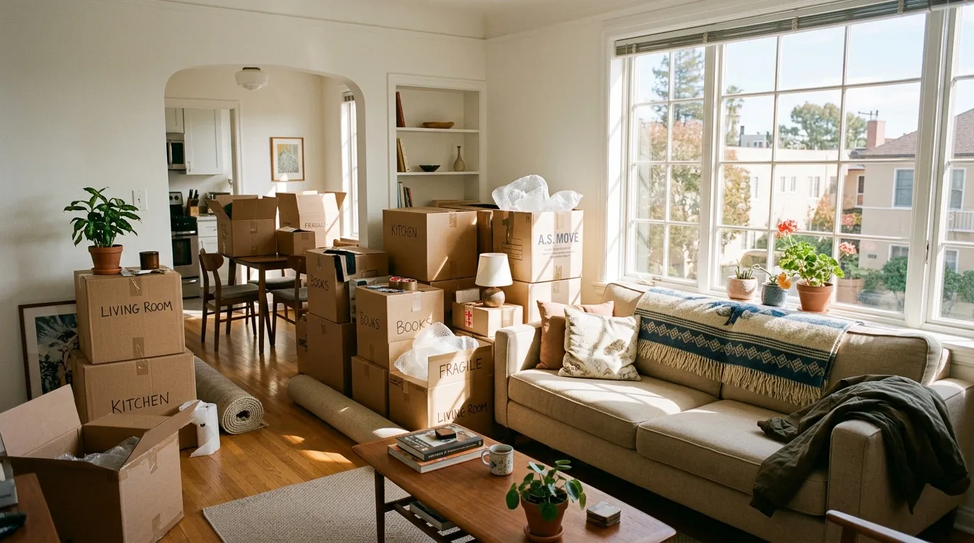 Sunny apartment with unpacked furniture boxes and a sofa near the window.
