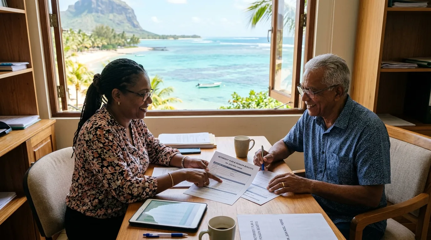 Mauritian manager reviewing retirement papers with an employee, tropical sea.