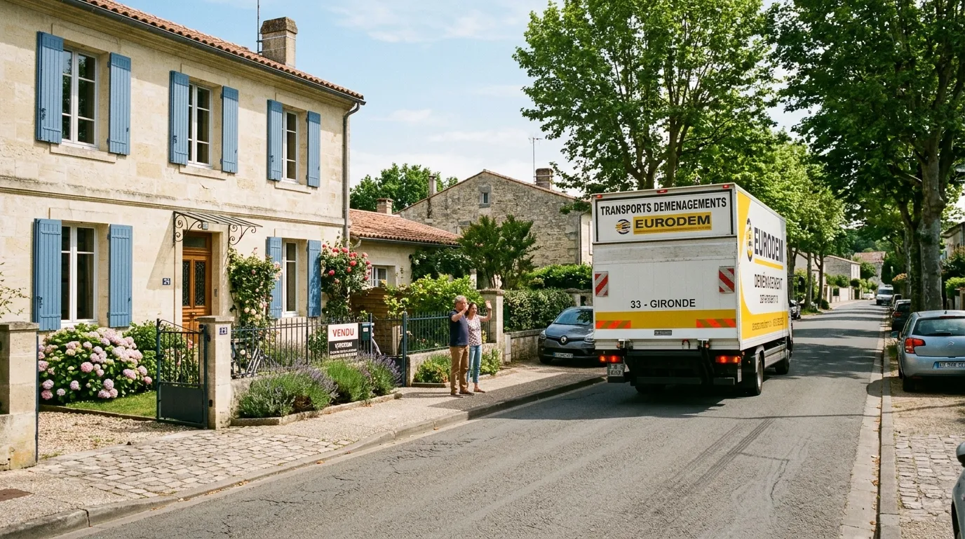 Casa francesa con camión de mudanzas saliendo, calle residencial soleada, salida de la residencia.