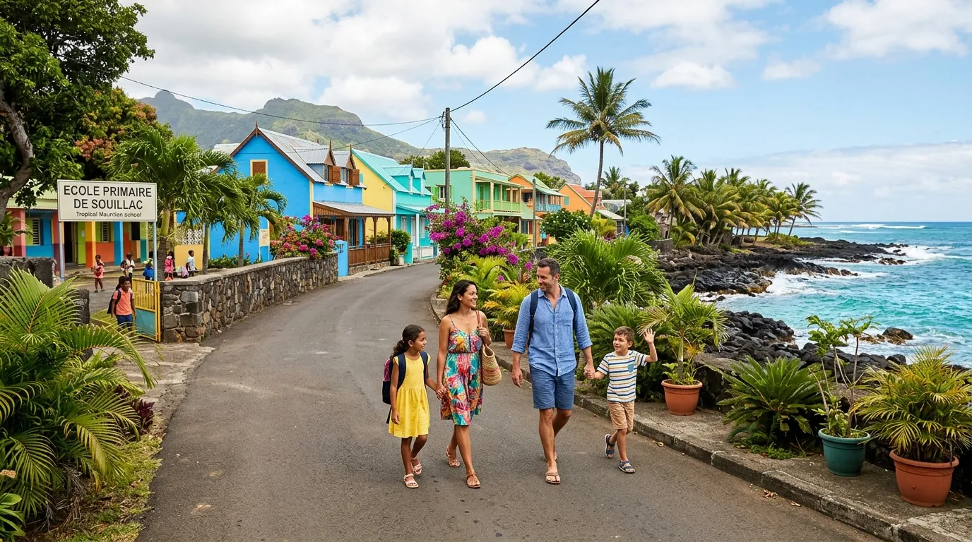 Family walking past colorful houses near a tropical school on the south coast.