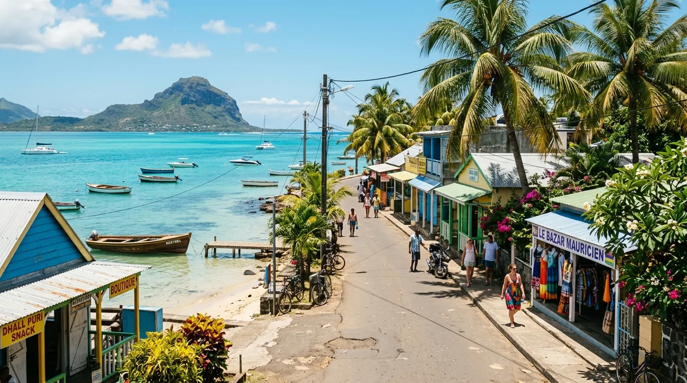 Sunny coastal village street in Mahébourg, lined with palm trees and a turquoise lagoon.