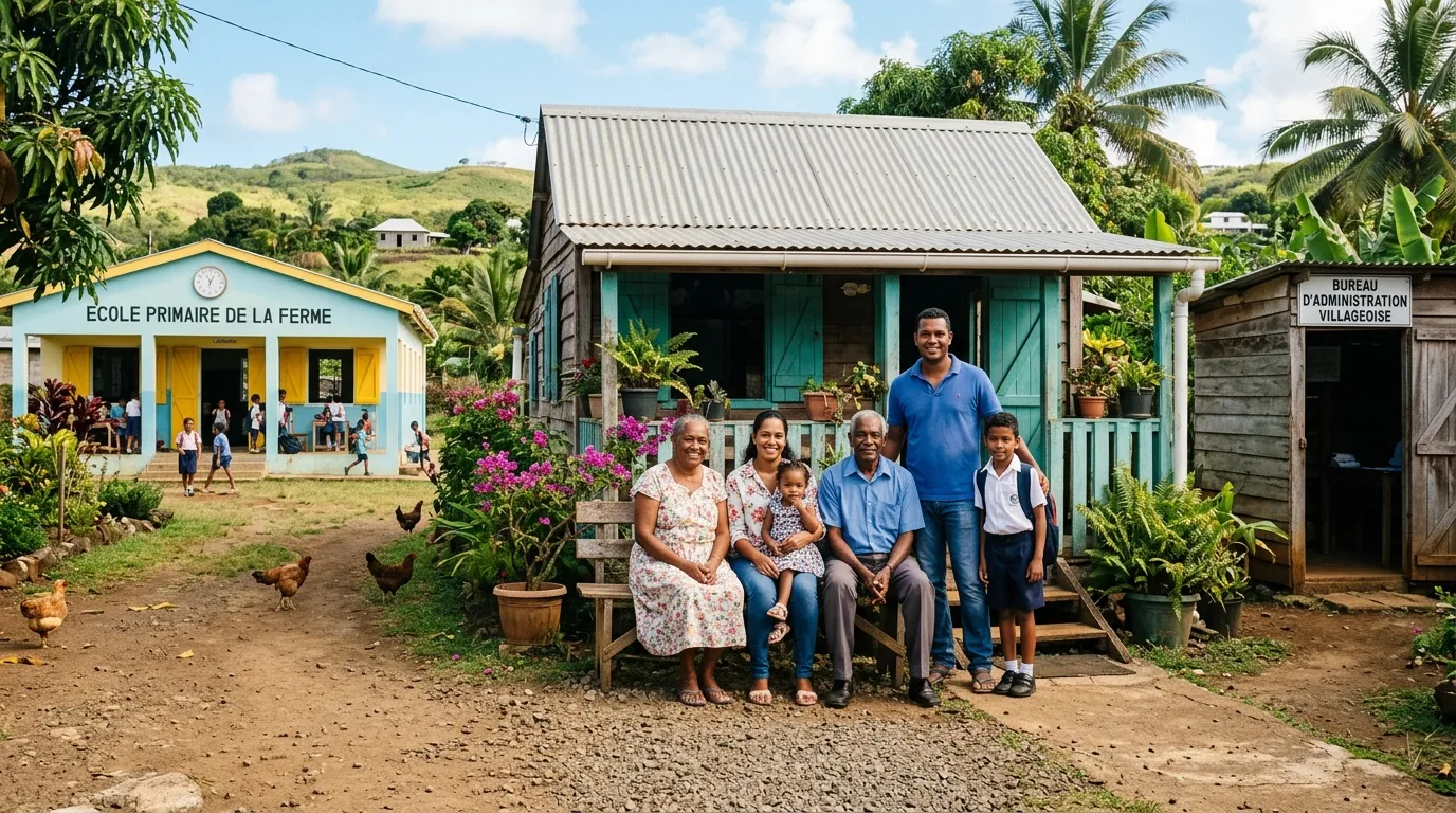 Famille rodriguaise devant une maison, avec école et bureau, cadre de logement.