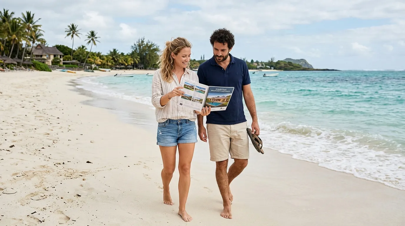 Couple sur une plage mauricienne, consultant un dossier de maisons, style naturel.